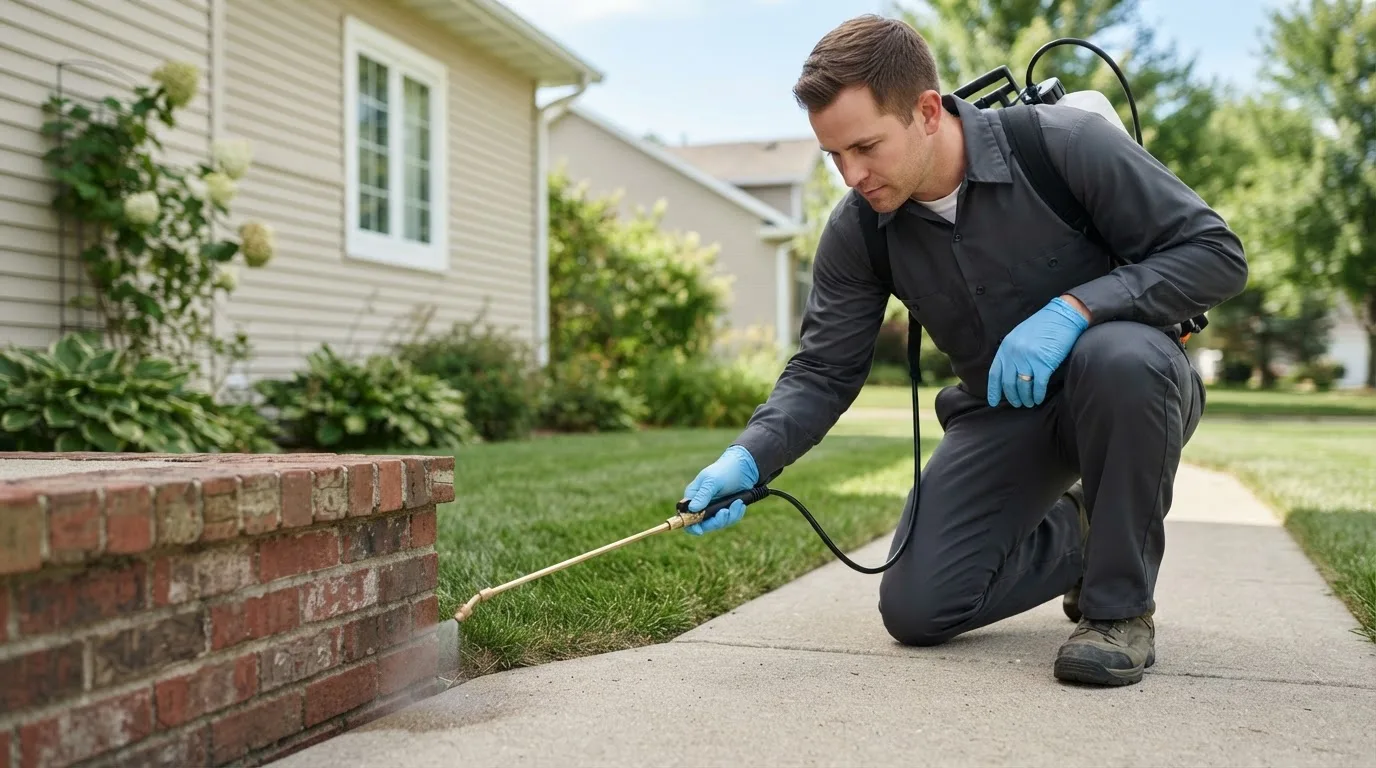 Pest control technician treating a home near Bigelow, AR